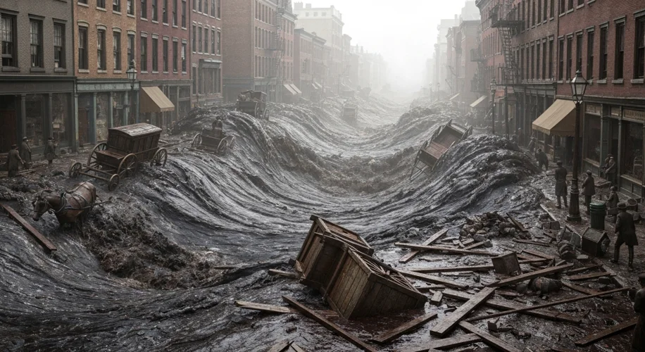 A chaotic scene in Boston's North End on January 15, 1919, with a massive wave of dark molasses engu