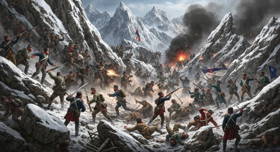 A chaotic scene of soldiers from different Balkan nations (Bulgarian, Serbian, Greek, Romanian) figh