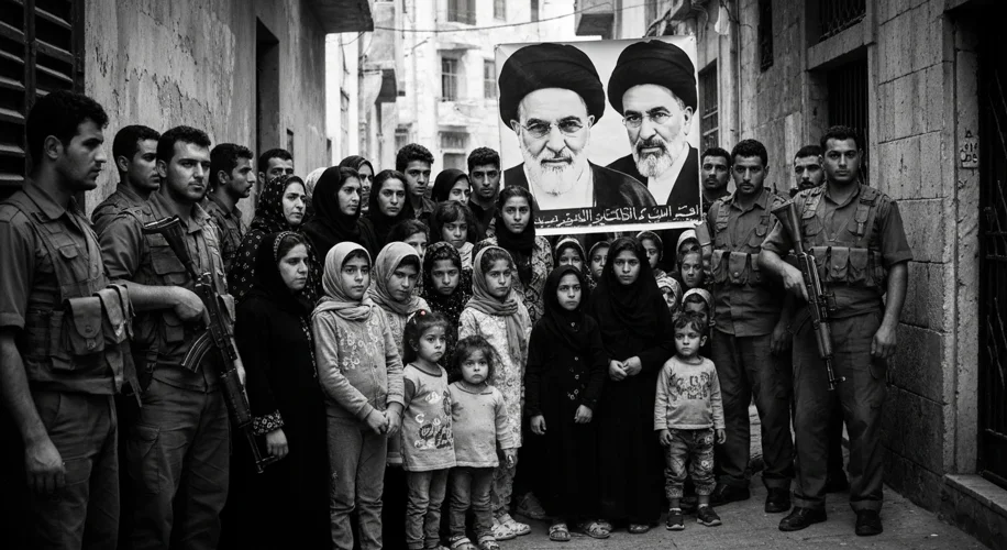A black and white photograph showing Lebanese Shia civilians, many women and children, gathered in a