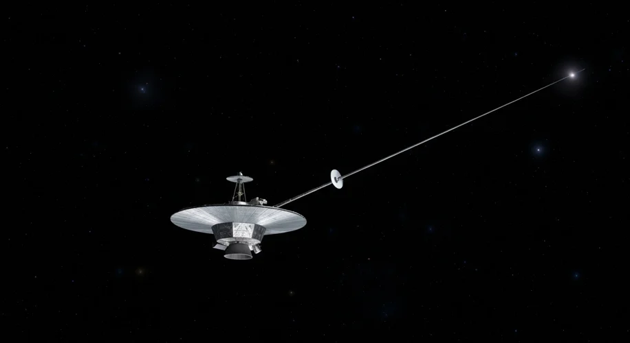 An artist's depiction of the Voyager 2 spacecraft, a silver disc with a large antenna, traversing th