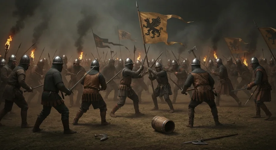 A chaotic medieval battle scene at Zappolino, with soldiers clashing and banners flying. A single wo
