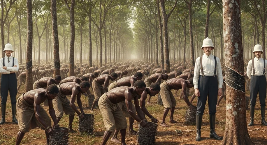 A stark image of African laborers in chains, harvesting rubber under the supervision of European ove