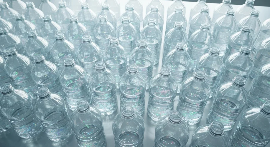 An overhead view of numerous identical clear plastic water bottles, some sealed, some with caps slig