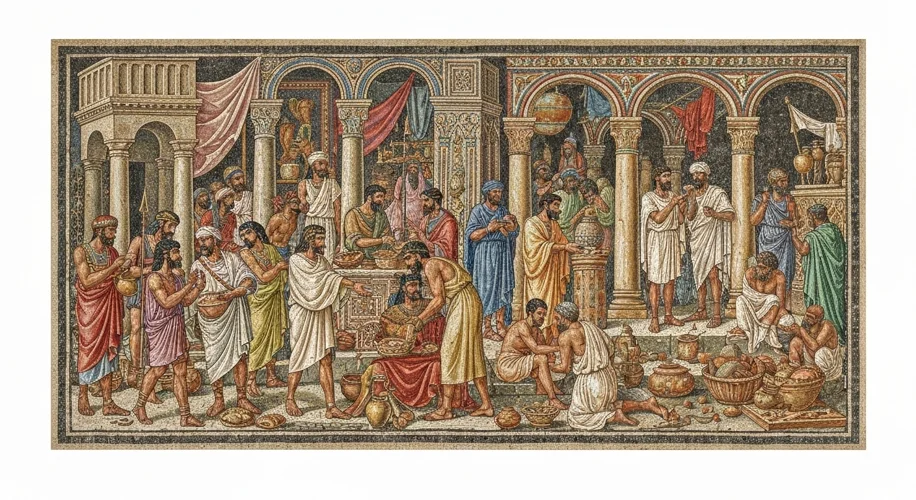 A mosaic depicting Phoenician merchants bartering goods with people from different cultures in a bus