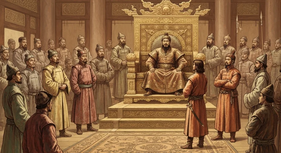 A bustling scene in Kublai Khan's court, with courtiers in colorful Mongol attire surrounding a rega