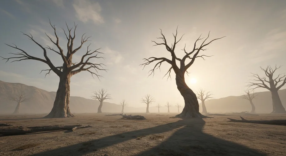 A barren, desolate landscape on Earth millions of years in the future, with a thin, hazy atmosphere 