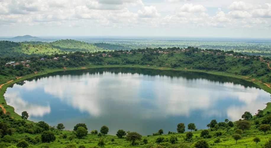 A panoramic view of Lake Bosumtwi, Ghana, showcasing its circular shape and the surrounding lush gre