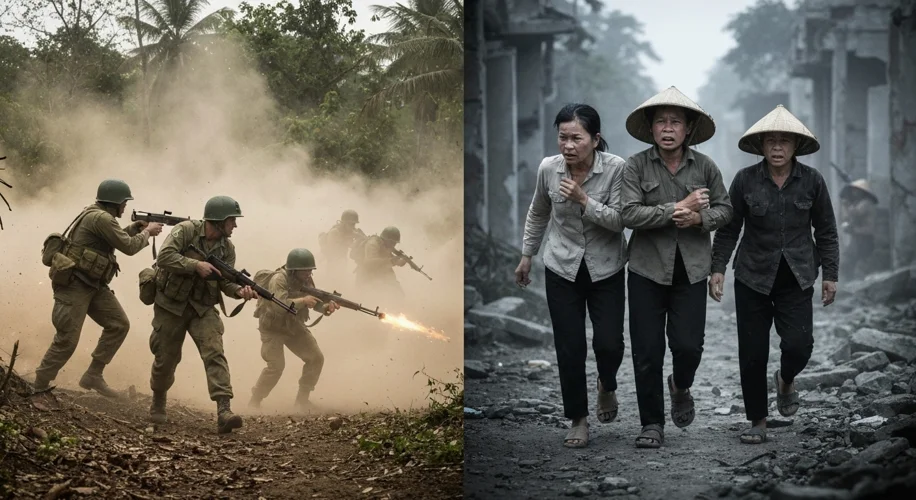 A split image: one side shows American soldiers in jungle fatigues in a tense firefight, the other s