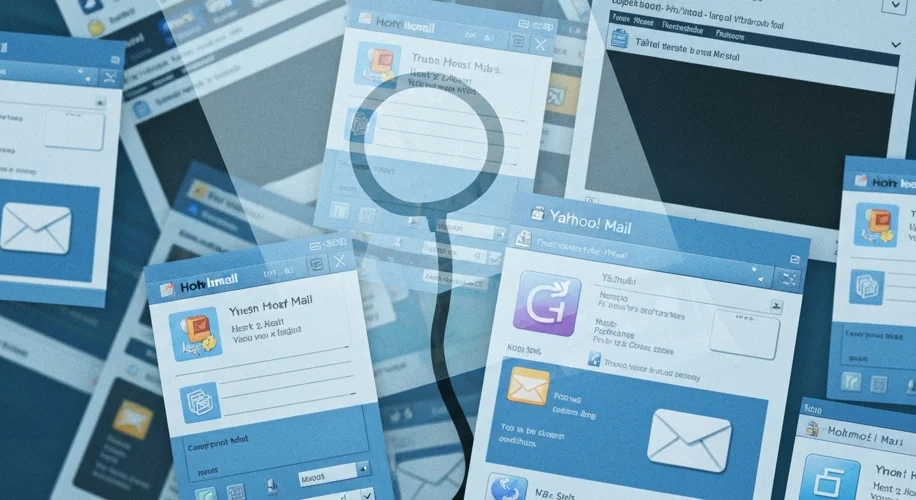 A montage of early email interfaces from the 1990s, including Hotmail and Yahoo! Mail, with a dial-u