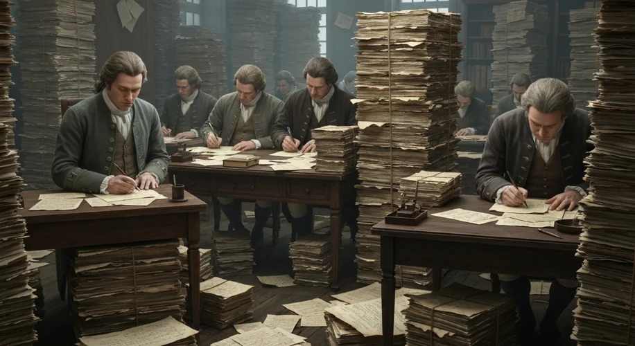 Colonial American merchants meticulously filling out pages of customs forms in a busy port office, s