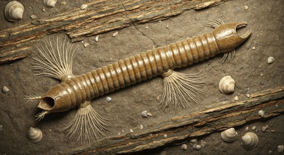 A detailed illustration of the fossilized *Facivermis*, showing its worm-like body, delicate appenda