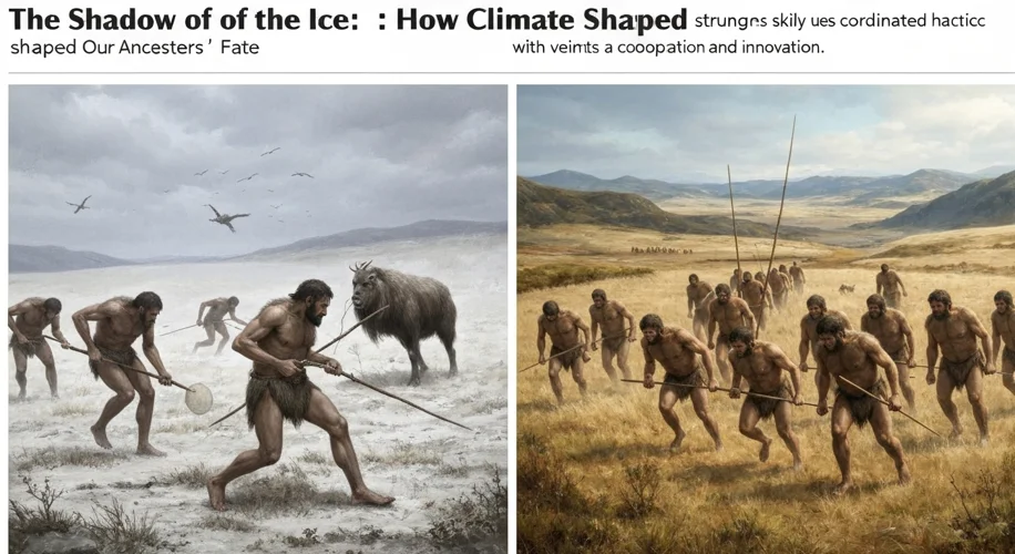 A scene contrasting two early human groups. On the left, a small group of Neanderthals struggles to 