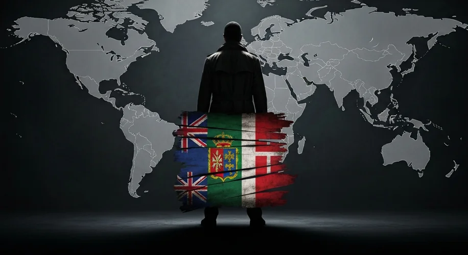 A shadowy figure in a trench coat is dimly lit, standing behind a tattered flag that shows conflicti