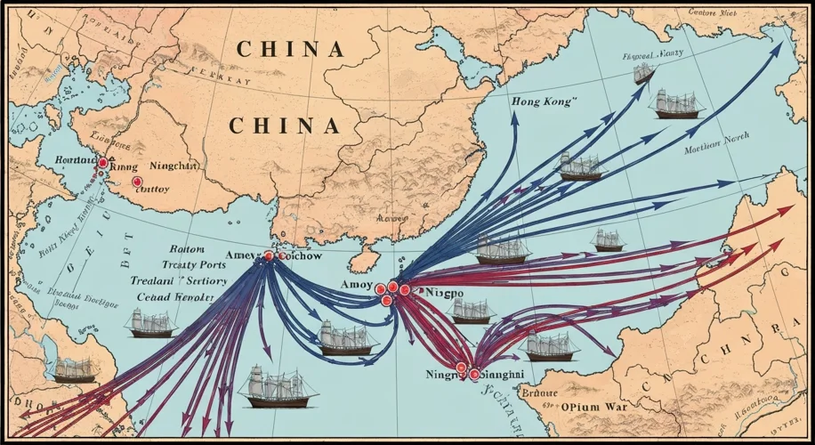A map showing China in the mid-19th century, highlighting the ceded territory of Hong Kong and the f
