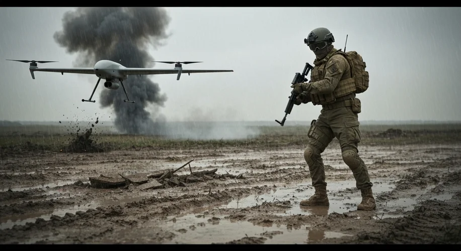 A Ukrainian soldier operating a small, commercial-grade quadcopter drone on a muddy battlefield, wit
