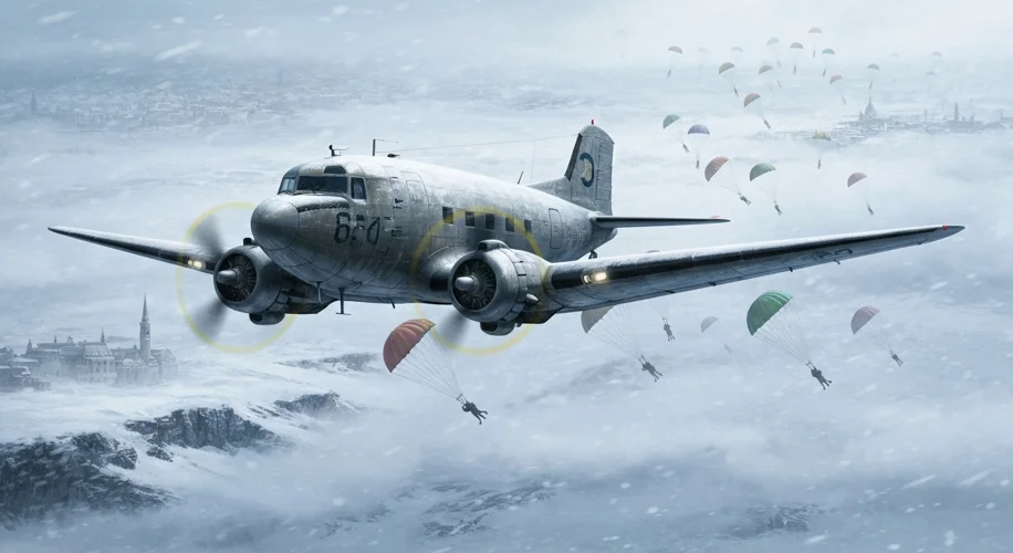 A C-47 Skytrain aircraft flying low over a snowy landscape, dropping parachutes laden with supplies 