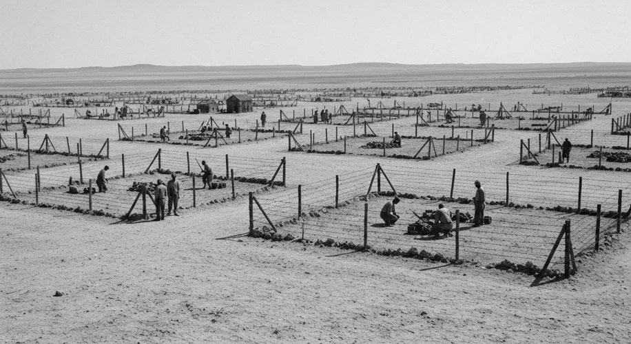 A black and white photograph depicting a dusty, arid landscape with rudimentary barbed-wire enclosur