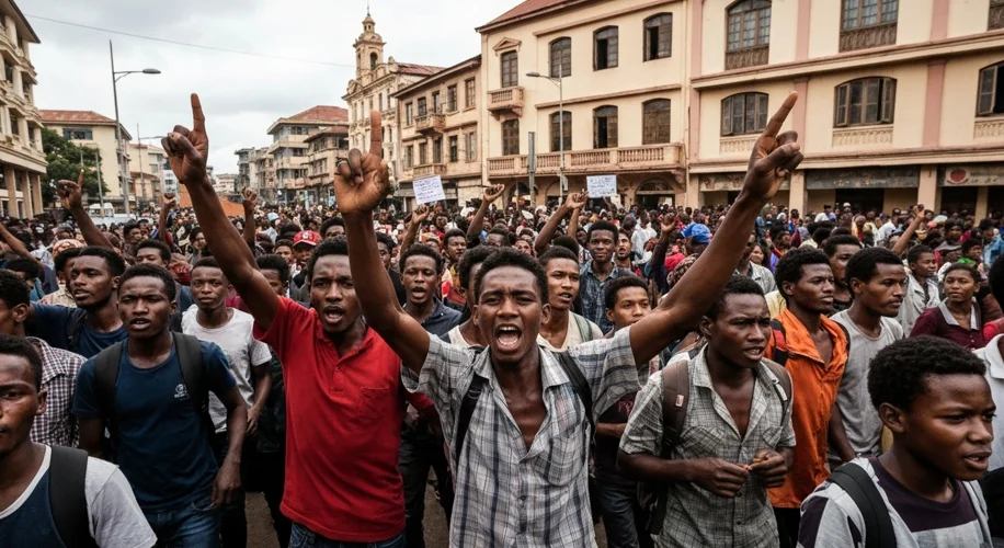 A crowd of young Malagasy protesters in Antananarivo, holding signs and chanting slogans, with a vis