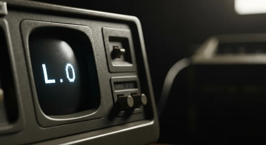 A vintage computer terminal displaying the partial message "LO" with a dark, slightly out-of-focus b