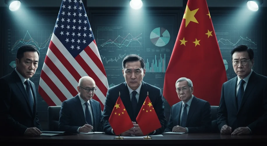 A tense meeting between US and Chinese trade officials, with imposing flags of both nations behind t