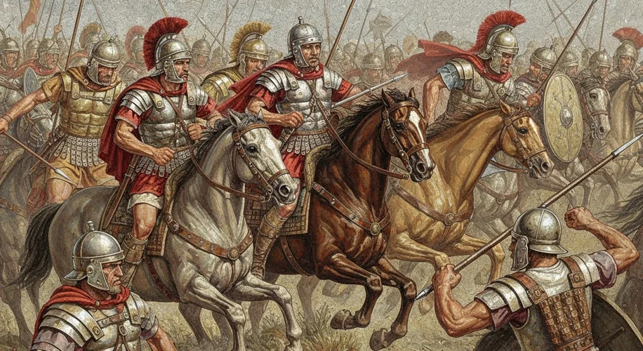 A mosaic depicting a Roman cavalry unit composed of auxiliary horsemen, with diverse ethnic features