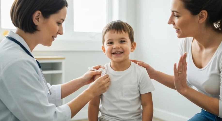 A modern photograph showing a healthcare worker gently administering a measles vaccine to a young ch