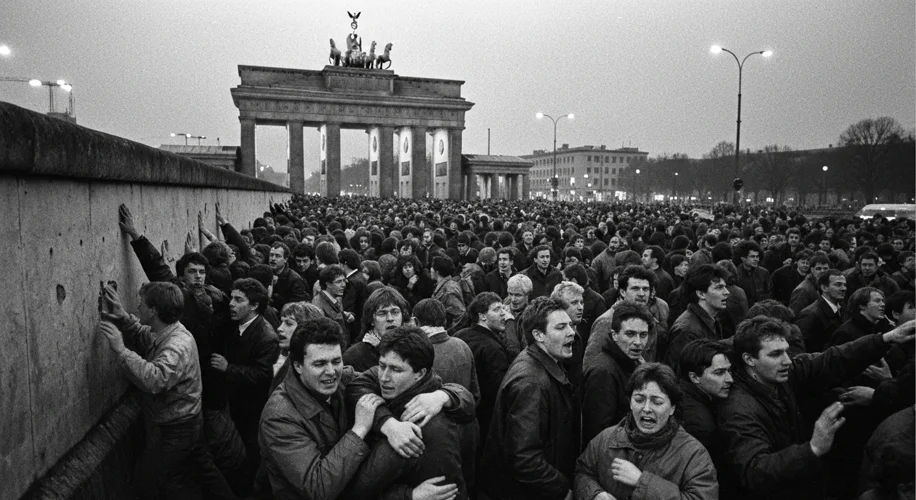 A black and white photograph showing a crowd of East and West Berliners gathered at the Brandenburg 