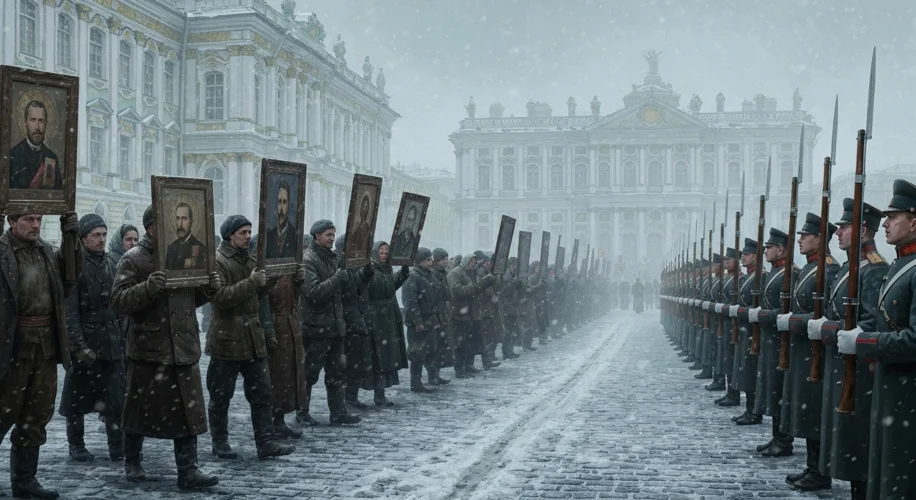 A somber procession of Russian workers, carrying religious icons and portraits of Tsar Nicholas II, 
