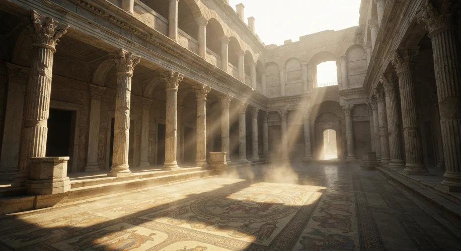 A grand, partially ruined Roman bathhouse, showcasing towering arches, ornate marble columns, and mo