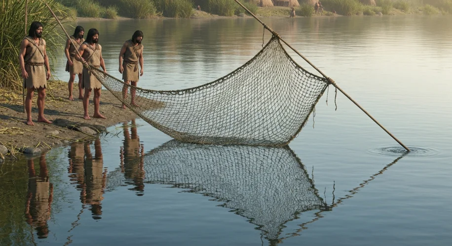An ancient fishing net, woven from natural fibers like reeds or animal sinew, being cast into a tran
