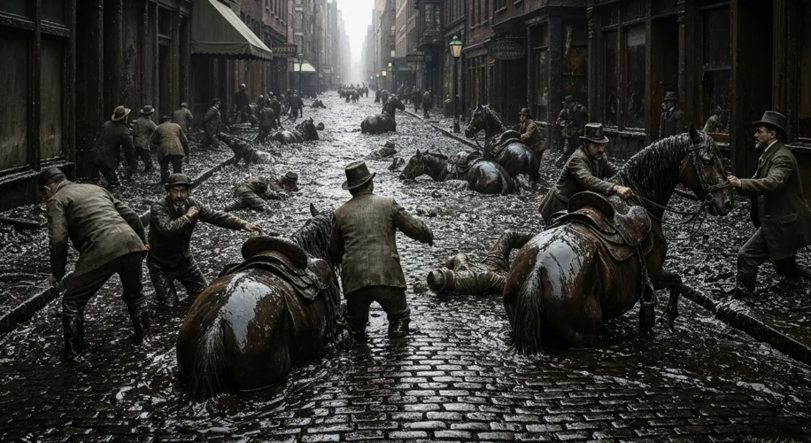 A street in Boston's North End covered in thick, dark molasses. Rescuers in period clothing struggle