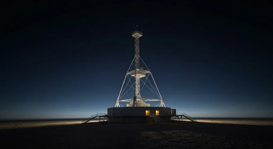 An artist's impression of the Arecibo radio telescope dish transmitting a powerful beam of radio wav