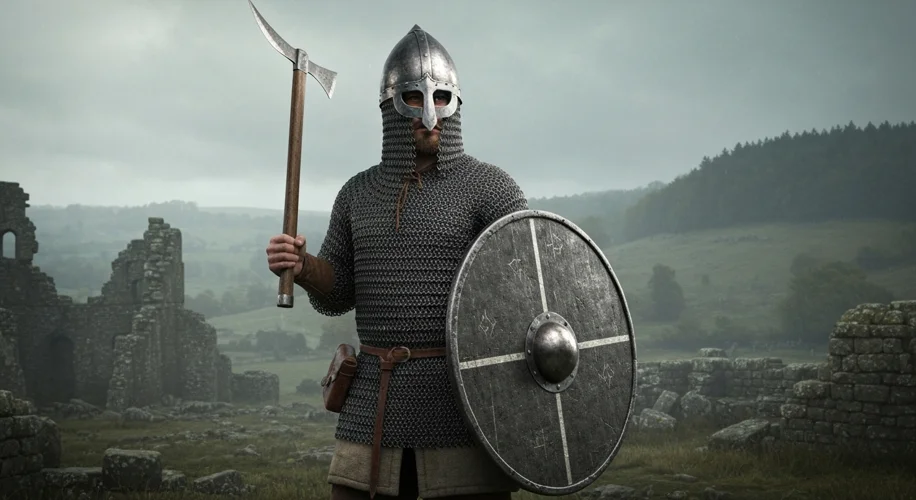 A depiction of an Anglo-Saxon warrior in full battle gear, including a conical helmet with a nose gu