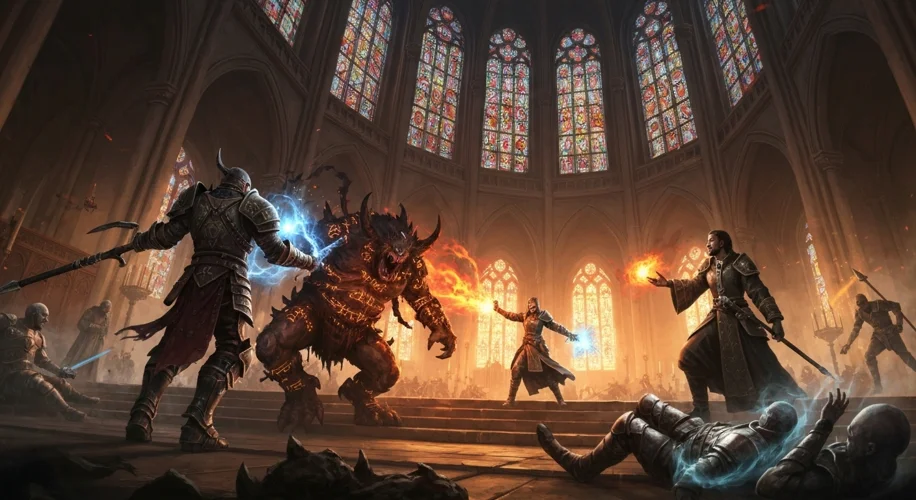 A chaotic battle scene inside a grand, multi-tiered gothic cathedral. A warrior clashes with a hulki