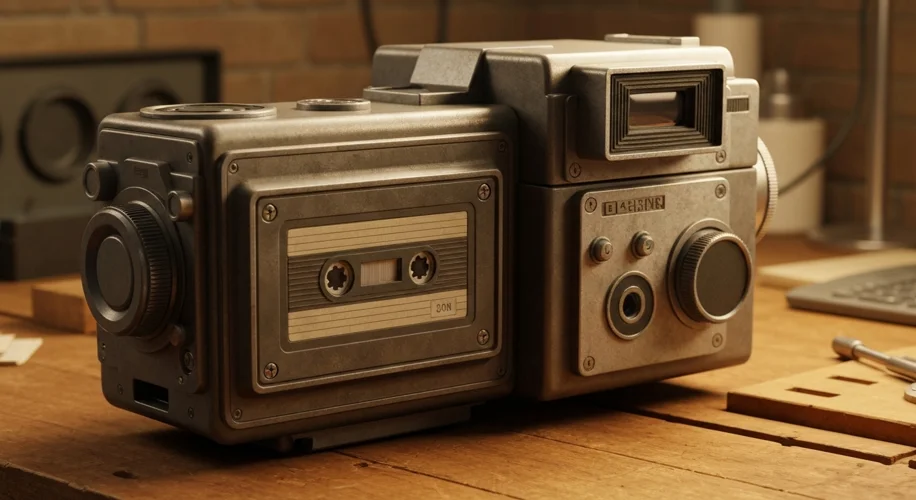 A vintage, bulky prototype digital camera from the 1970s, with a cassette tape slot and a small view