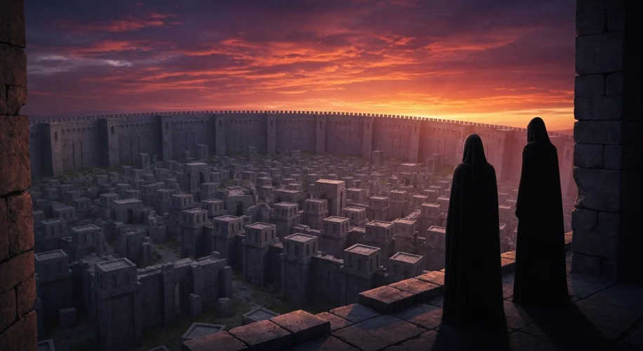 An ancient city with high walls, two figures in cloaks stealthily observing from a distance, set aga