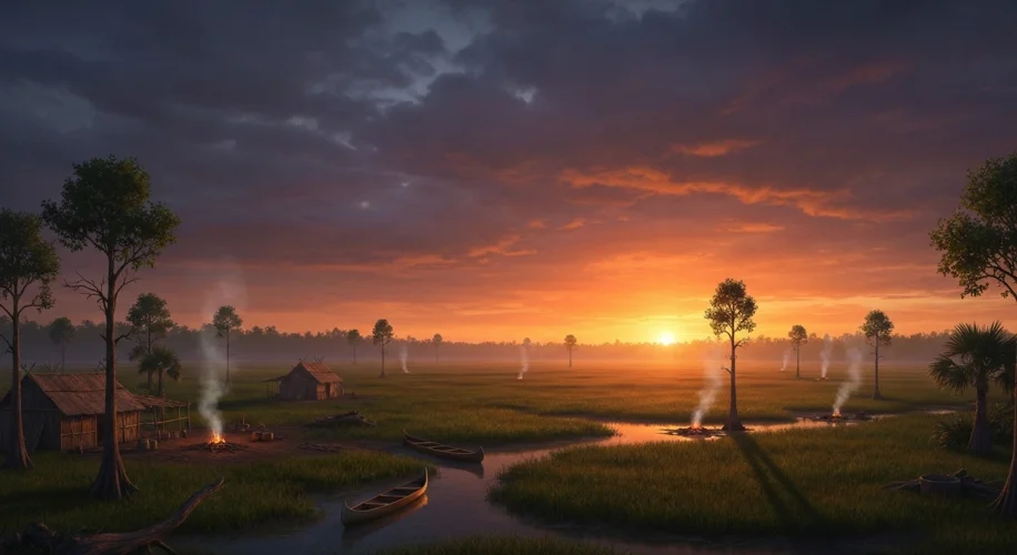 A serene landscape of the Florida Everglades with a Seminole village in the distance, steam rising f
