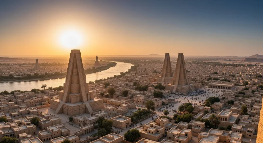 A wide, panoramic view of an ancient Mesopotamian city at sunset, featuring prominent ziggurats, den