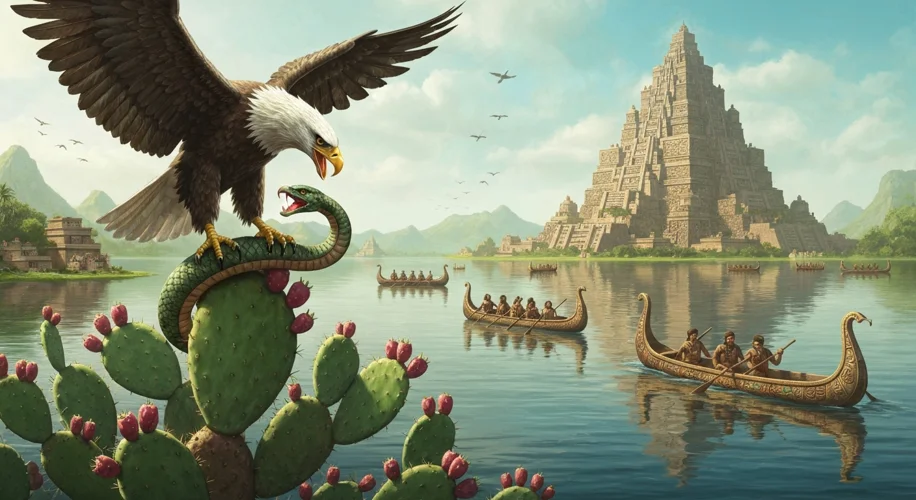 An artist's rendition of the founding of Tenochtitlan: an eagle perched on a prickly pear cactus, de