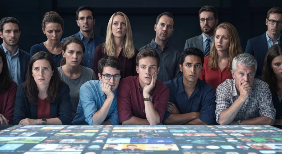 A diverse group of people from different ages and backgrounds looking at a glowing social media feed