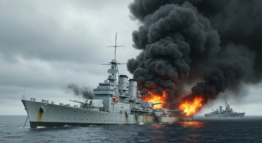 HMAS Sydney, a proud Australian light cruiser, ablaze after being hit by torpedoes and shells during
