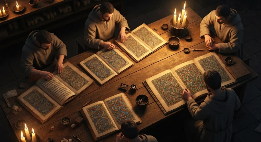 An overhead view of an ancient Irish monastery scriptorium, with monks hunched over illuminated manu