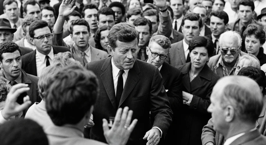 A black and white photo of Robert F. Kennedy, looking tired but resolute, speaking to a diverse crow