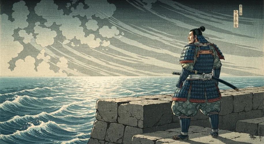 A detailed, historical illustration of a Japanese samurai warrior standing guard on a castle wall, l
