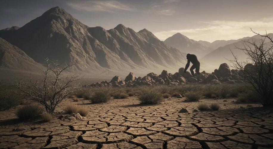 A desolate landscape with sparse, dry vegetation, hinting at a changing climate. In the distance, th