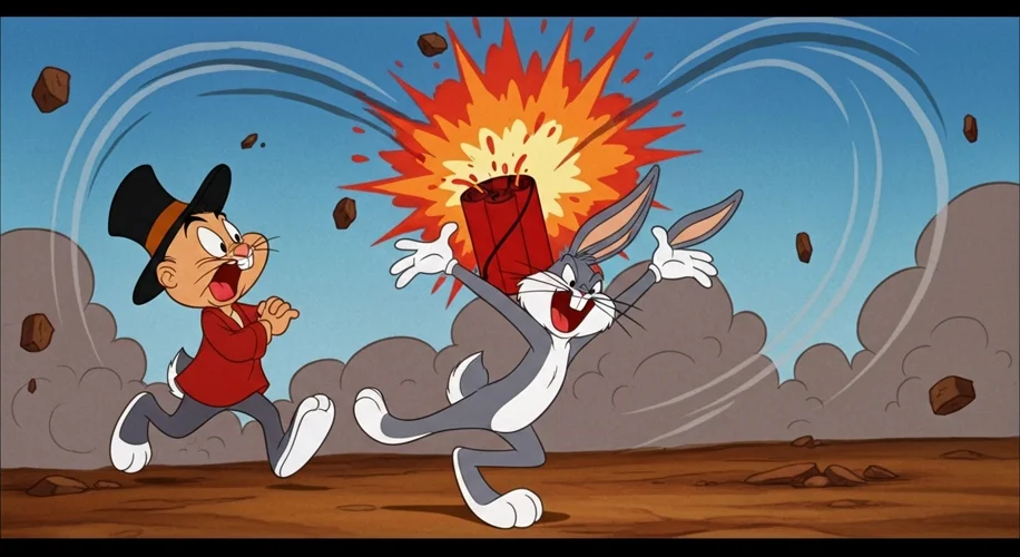 A chaotic and vibrant scene from a classic Warner Bros. Looney Tunes cartoon, featuring Bugs Bunny o
