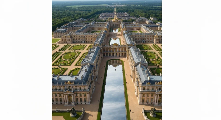 An aerial view of the Palace of Versailles, showcasing its vast scale, manicured gardens, and the Ha