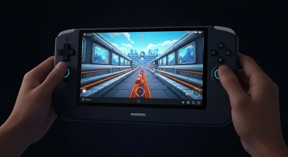 A sleek, modern handheld gaming device like the Steam Deck, displaying a vibrant game on its screen.