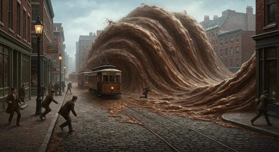 A massive, dark wave of molasses towering over buildings and streetcars in Boston's North End on a c