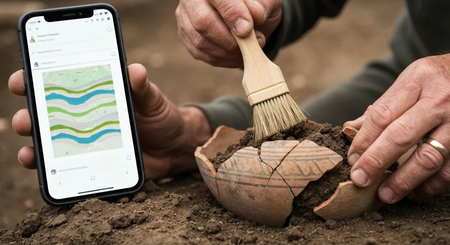 An archaeologist carefully brushing soil away from a partially unearthed ancient Roman pottery shard